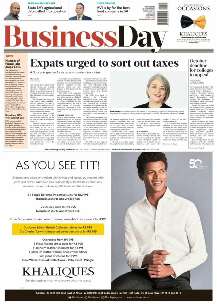 Portada de Business Day (Sud&aacute;frica)