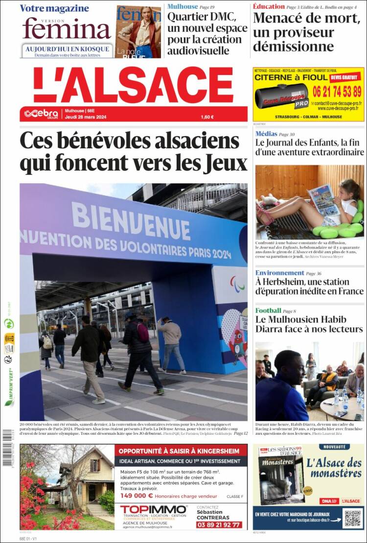 Portada de Journal L'Alsace (Francia)