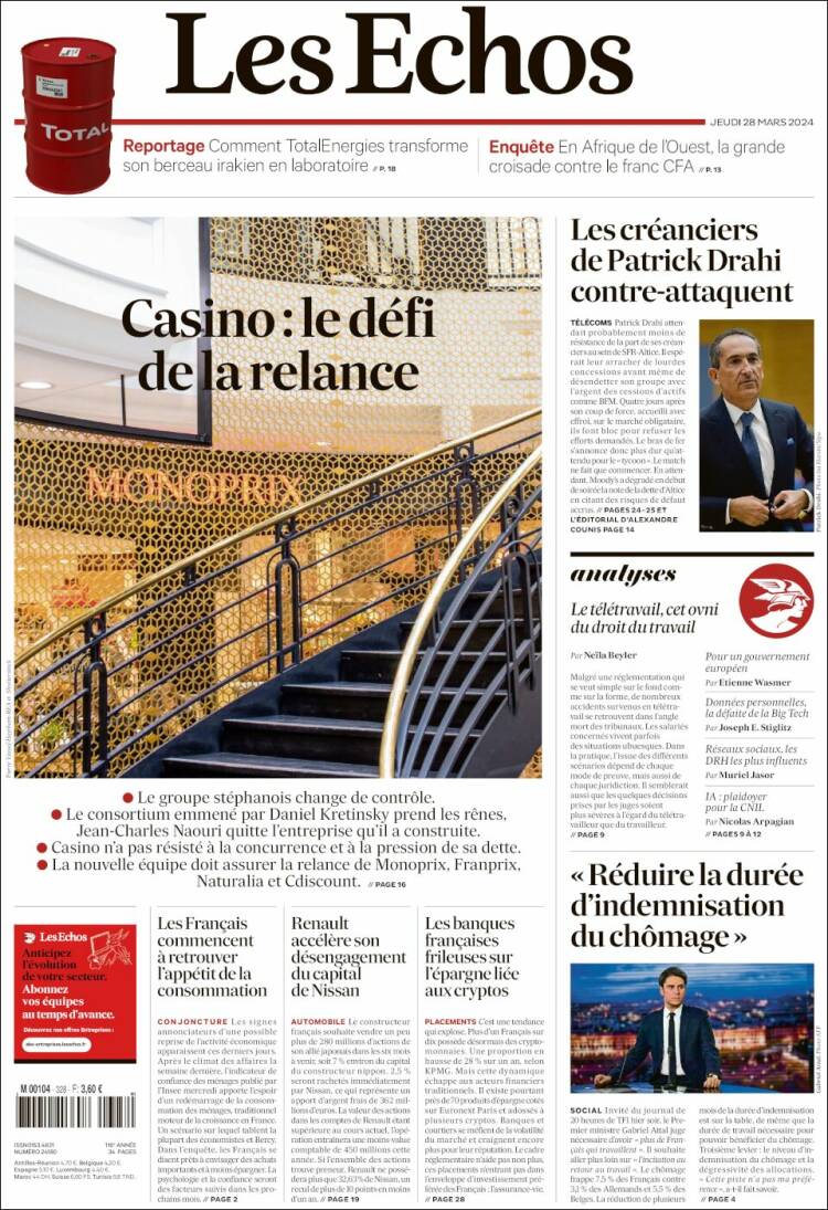 Portada de Les Echos (Francia)