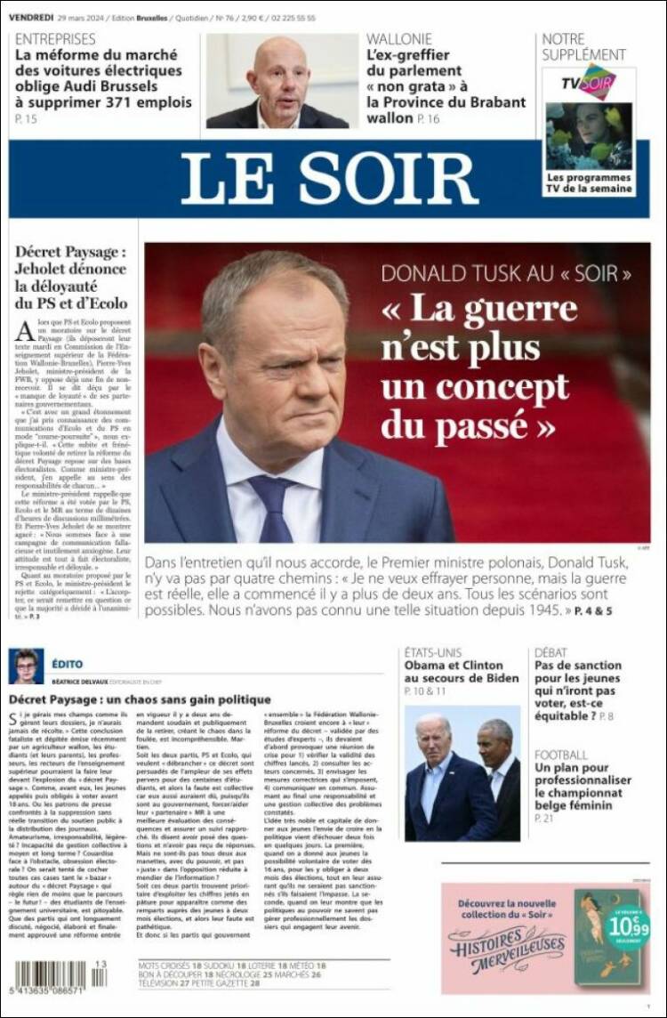 Portada de Le Soir (B&eacute;lgica)