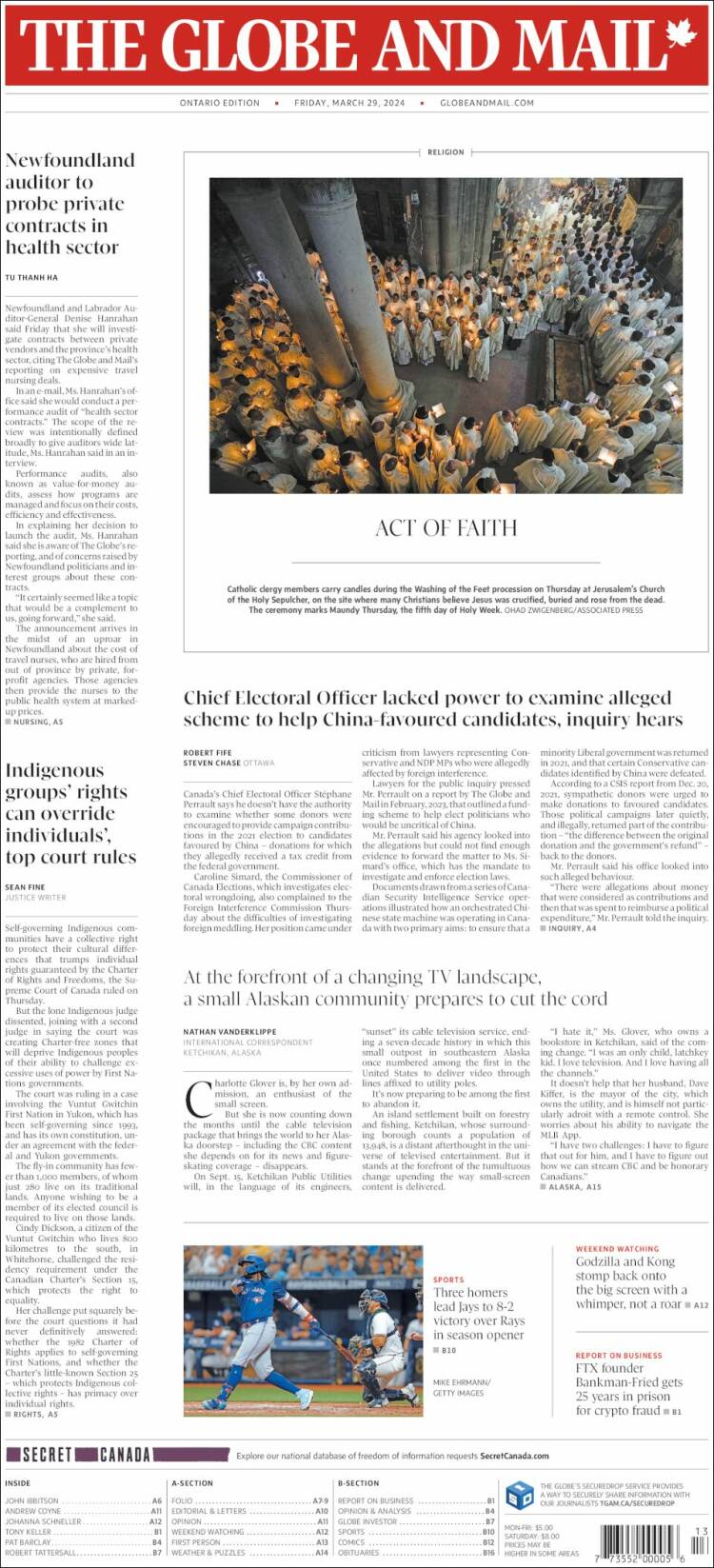 Portada de The Globe and Mail (Canadá)