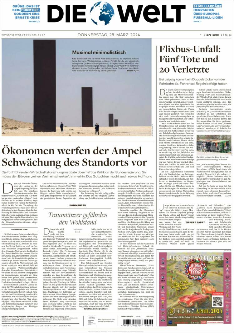 Portada de Die Welt (Alemania)