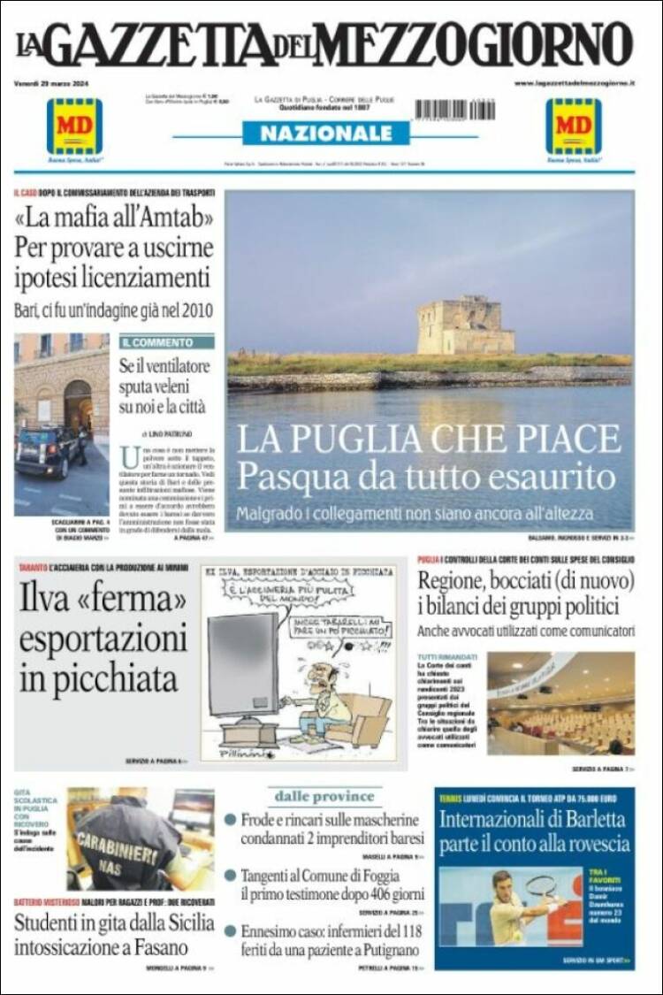 Portada de La Gazzetta del Mezzogiorno (Italia)