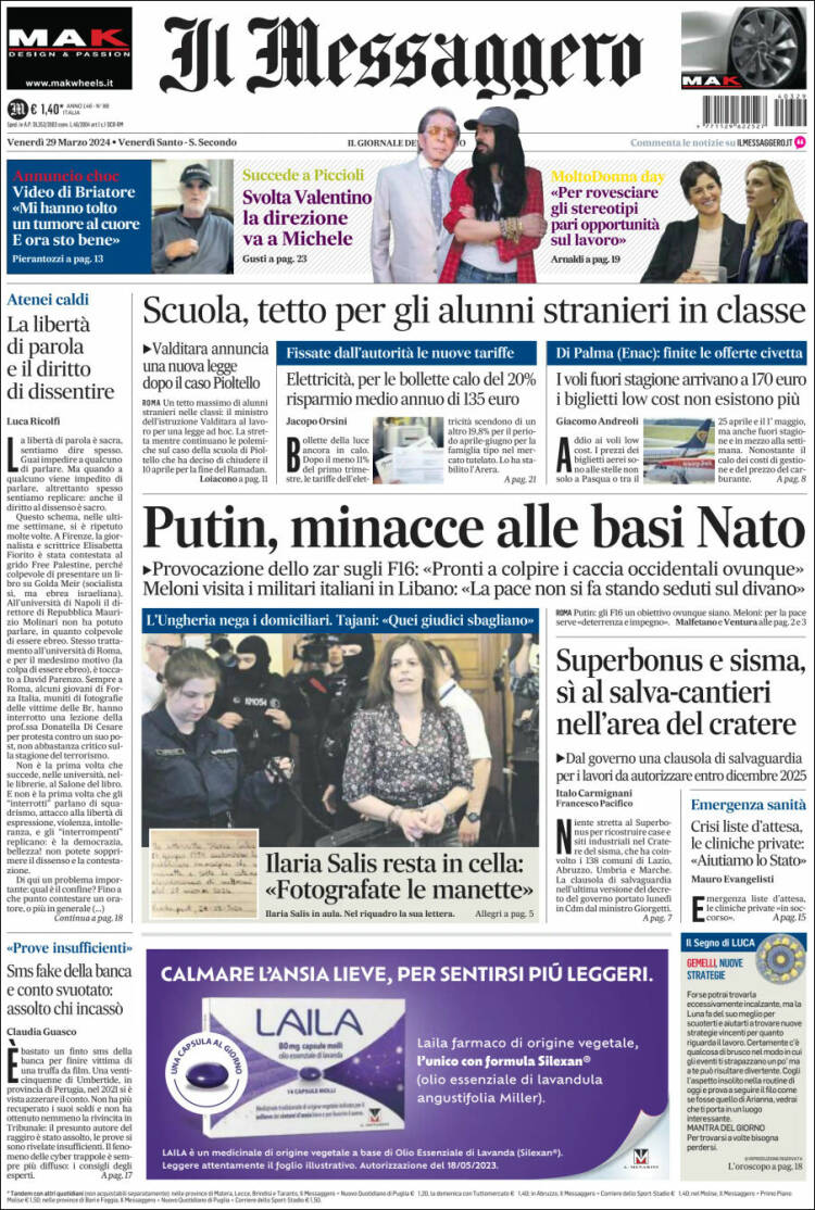 Portada de Il Messaggero (Italia)