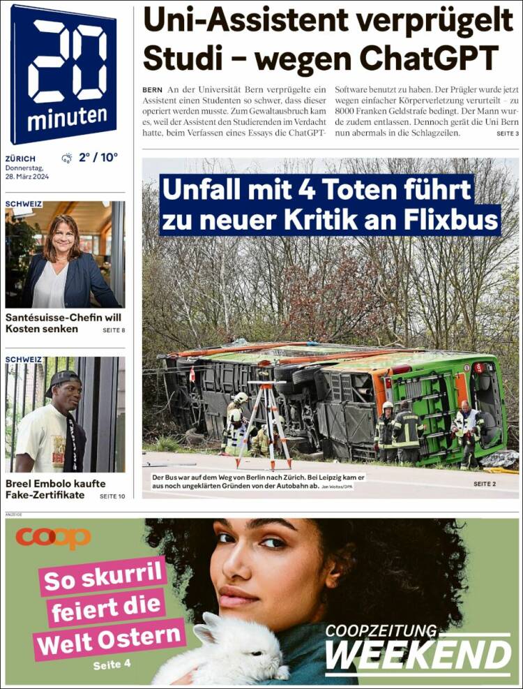 Portada de 20Minuten - Zürich (Suiza)
