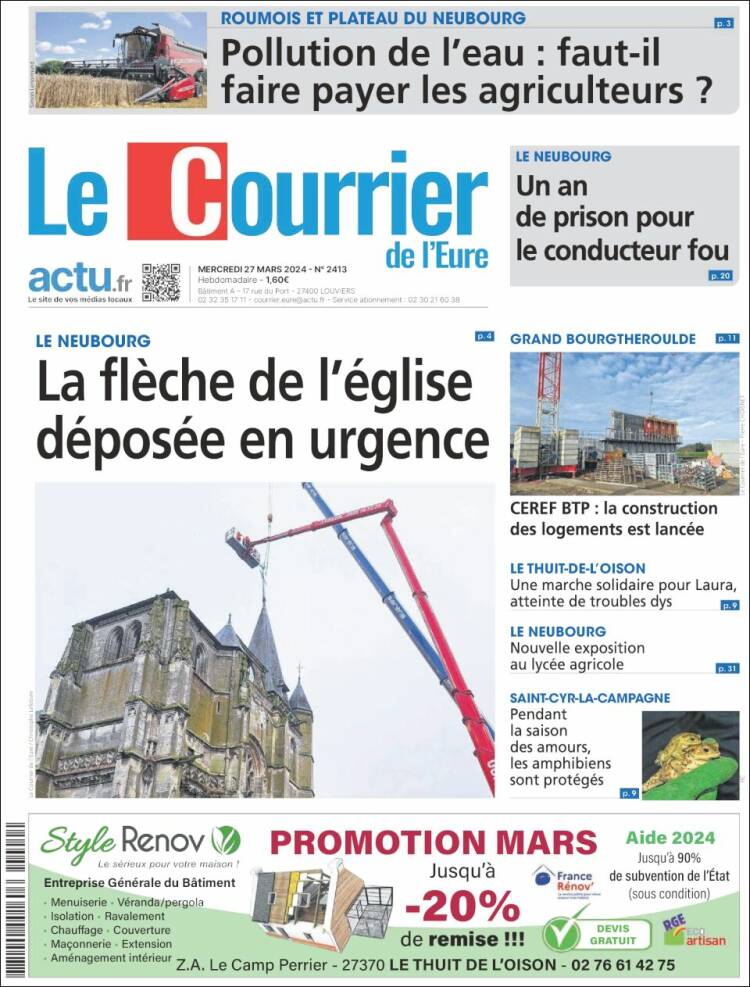 Portada de Le Courrier de l'Ouest (Francia)