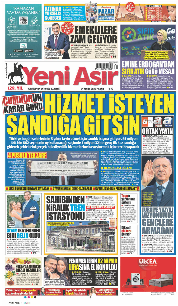 Portada de Yeni Asır (Turqu&iacute;a)
