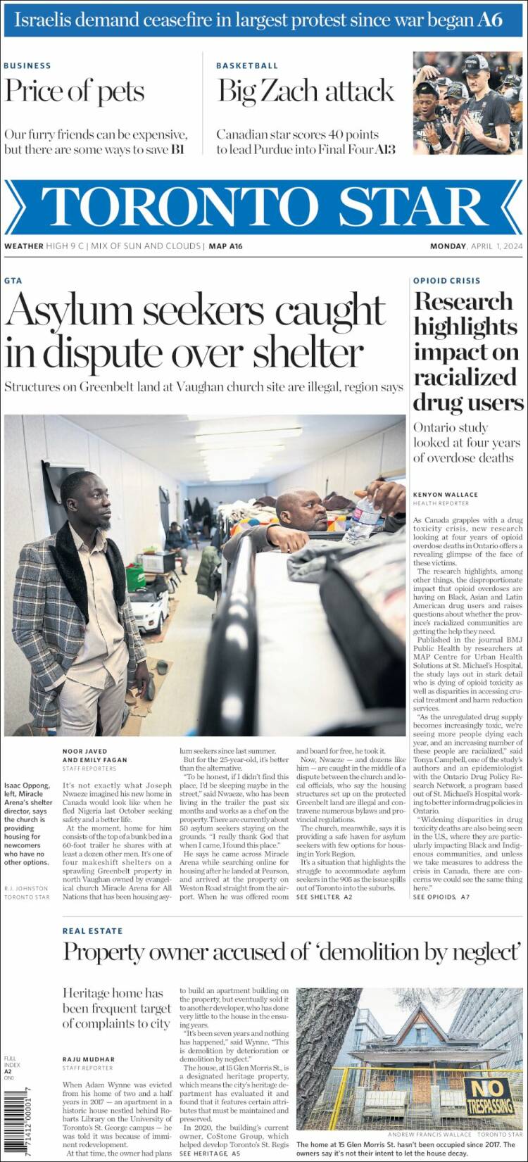 Portada de The Toronto Star (Canadá)