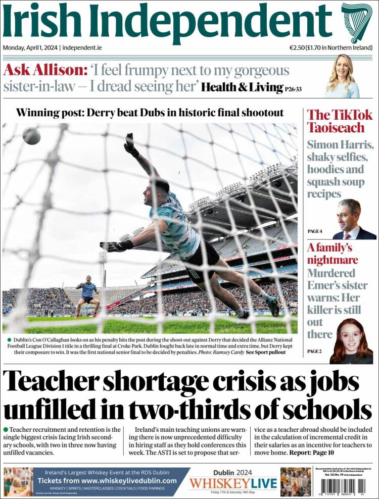 Portada de Irish Independent (Irlanda)