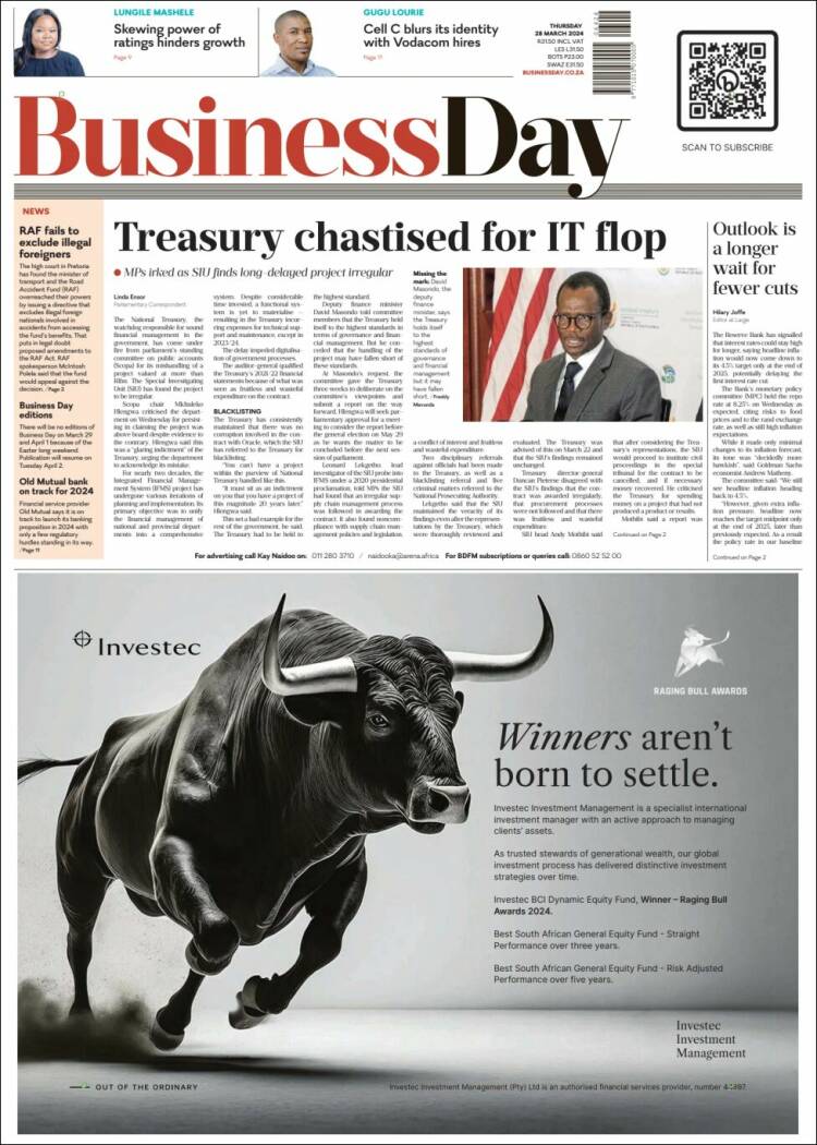 Portada de Business Day (Sud&aacute;frica)