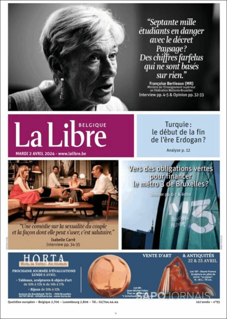 Portada de La Libre.be (B&eacute;lgica)