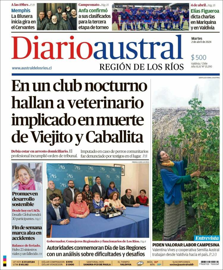 Portada de El Diario Austral de Valdivia (Chile)