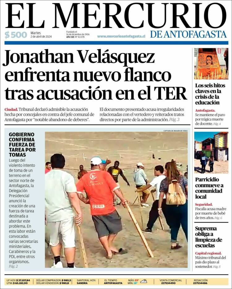 Portada de El Mercurio de Antofagasta (Chile)