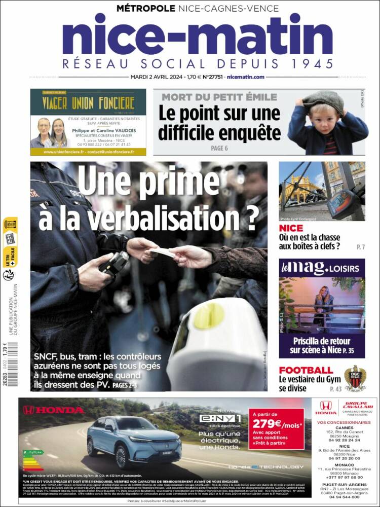 Portada de Nice-Matin (Francia)