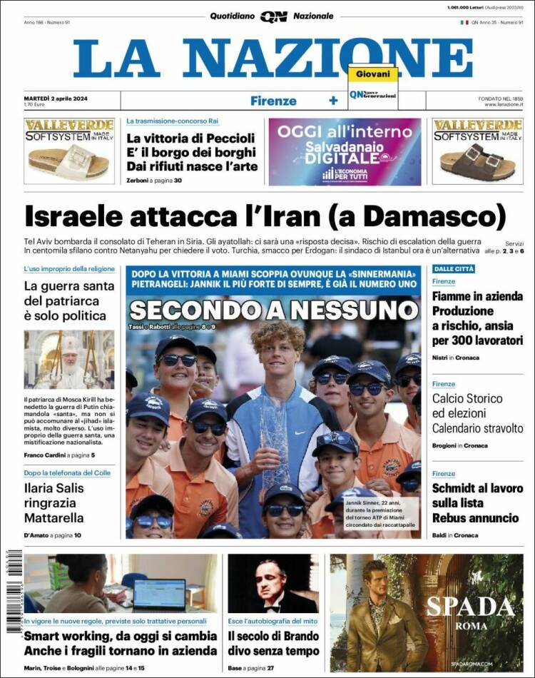 Portada de La Nazione (Italia)