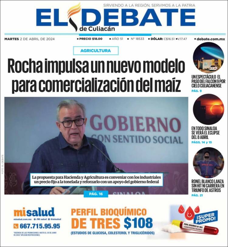 Portada de El Debate de Culiacán (M&eacute;xico)