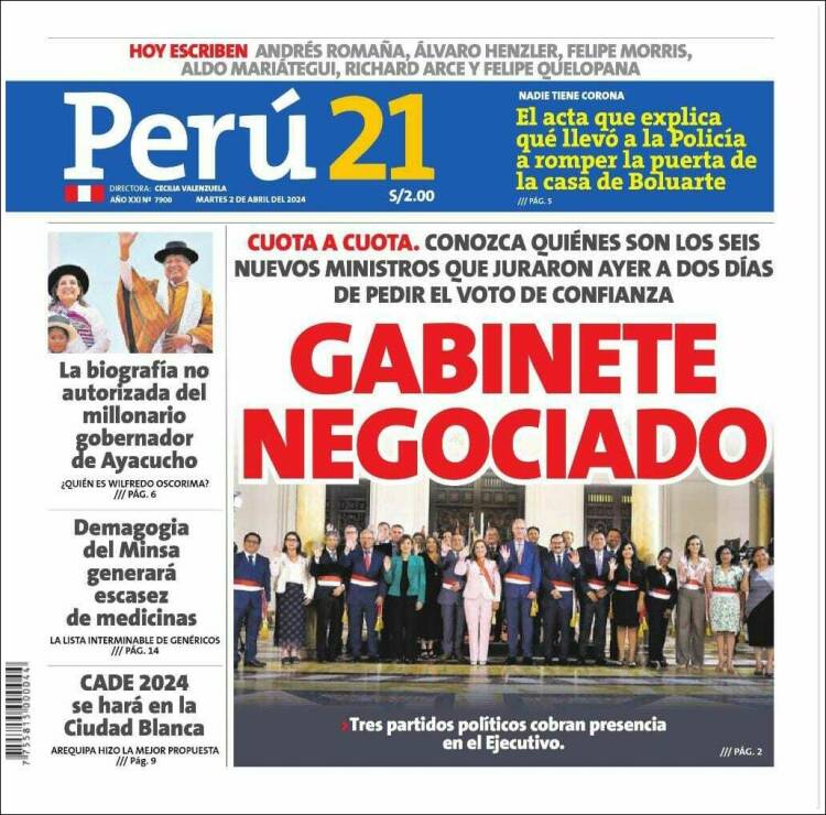 Portada de Perú 21 (Perú)