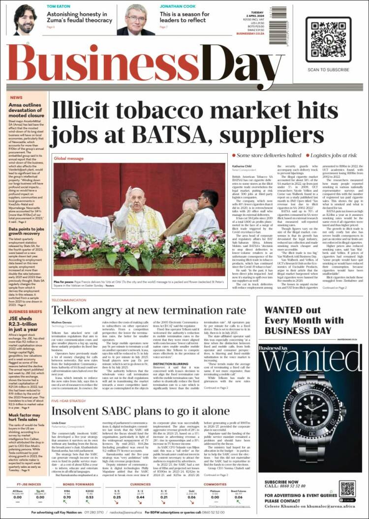 Portada de Business Day (Sud&aacute;frica)