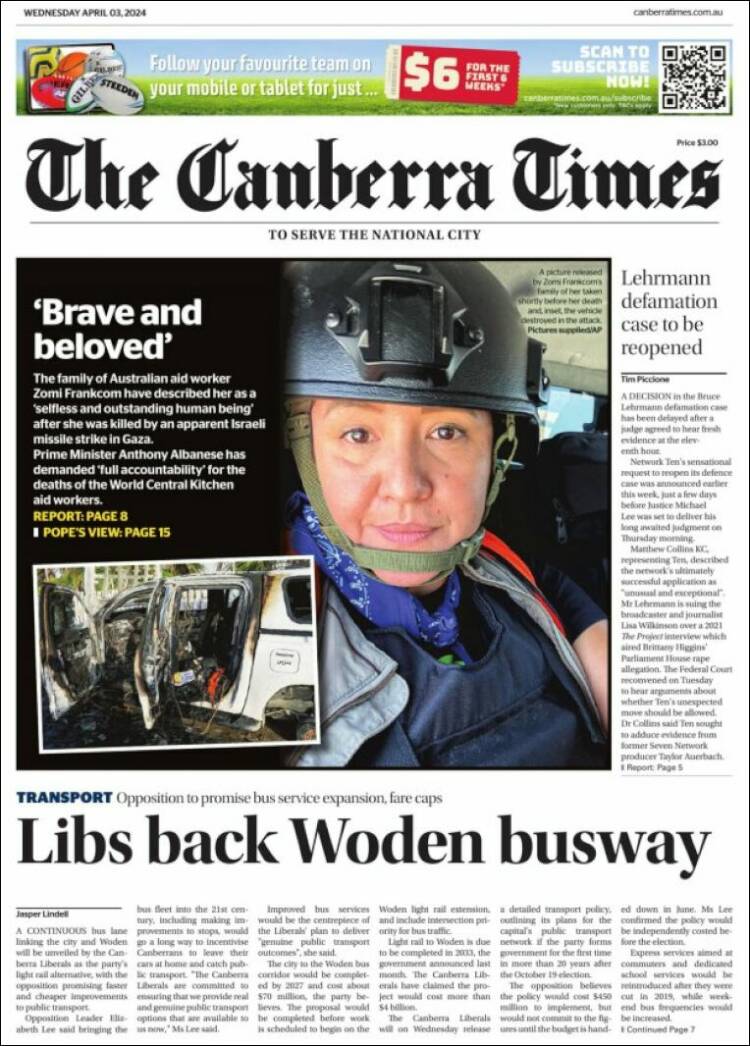 Portada de The Canberra Times (Australia)