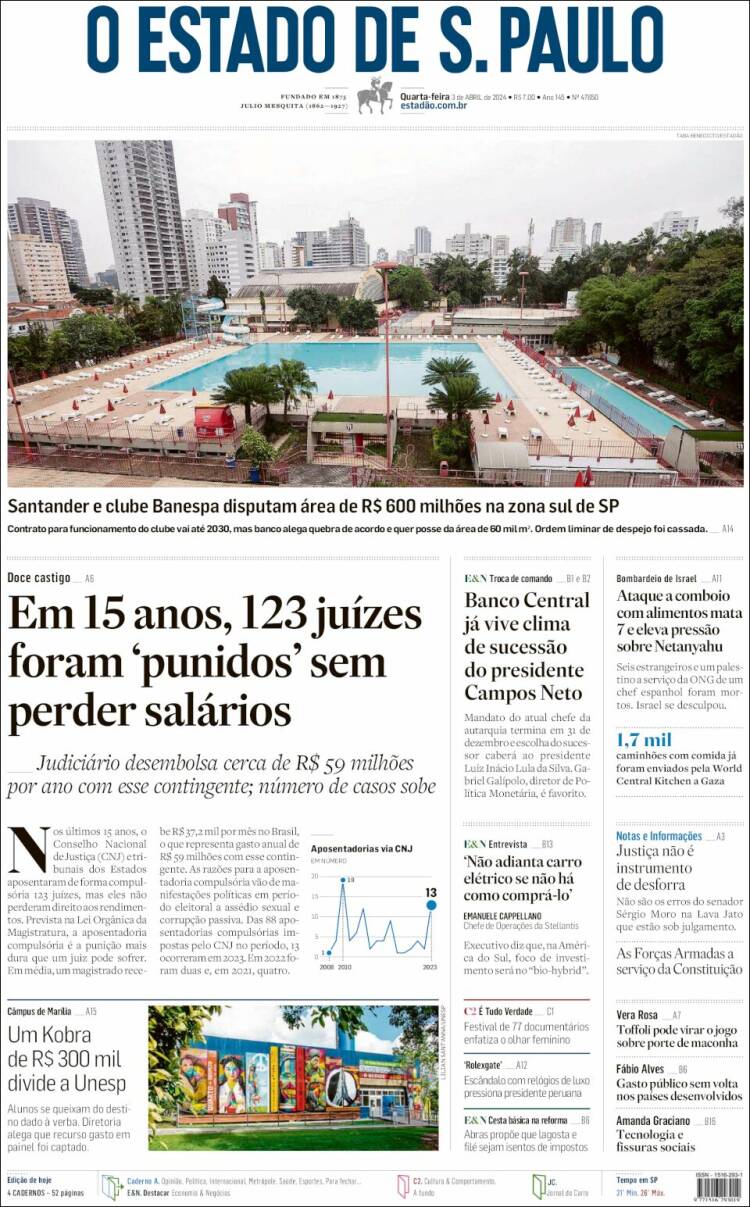 Portada de O Estado de São Paulo (Brasil)