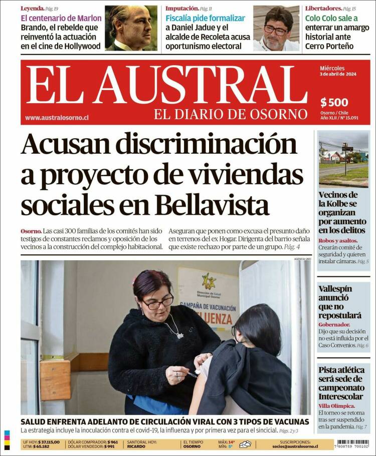 Portada de El Austral de Osorno (Chile)