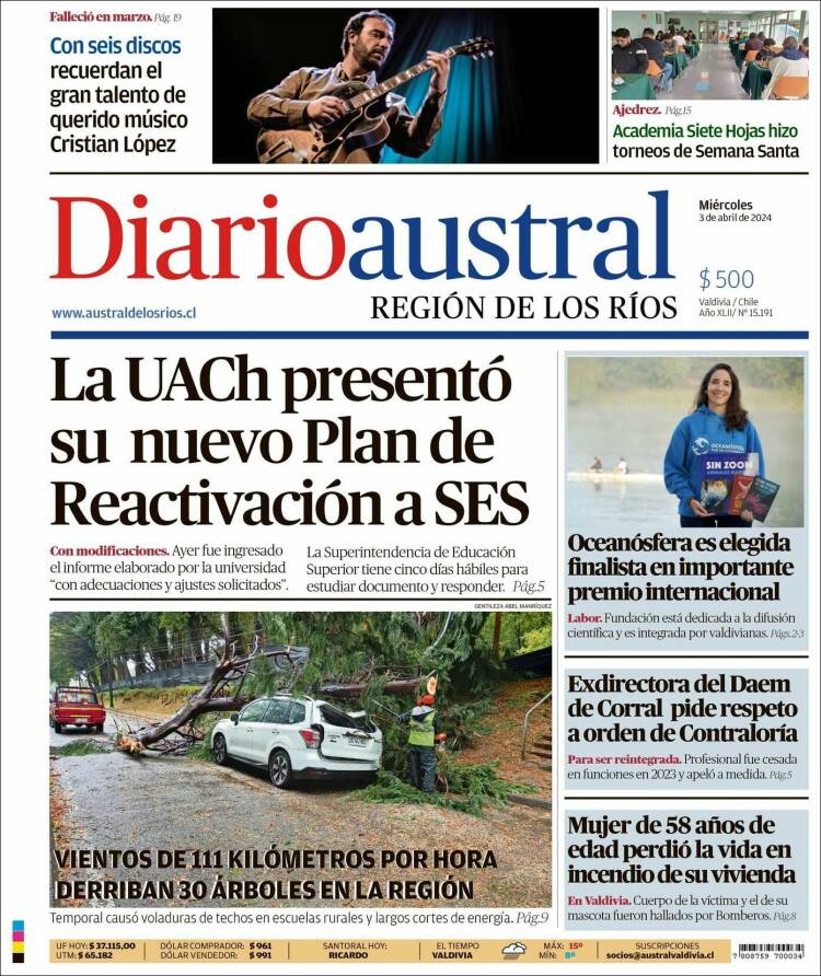 Portada de El Diario Austral de Valdivia (Chile)