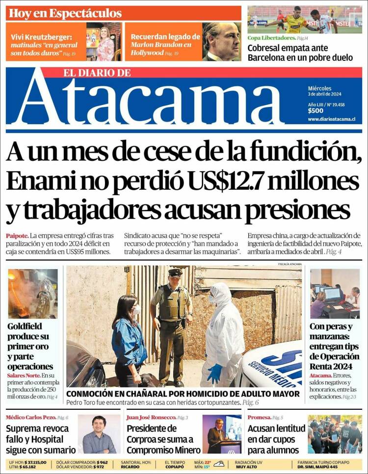 Portada de Diario de Atacama (Chile)