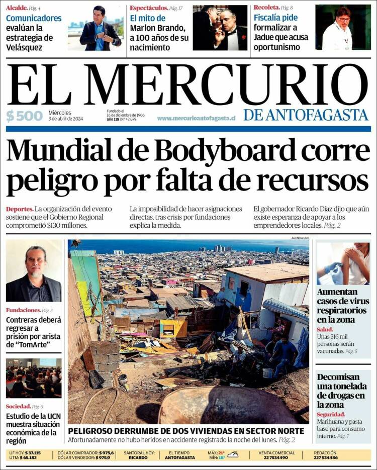 Portada de El Mercurio de Antofagasta (Chile)