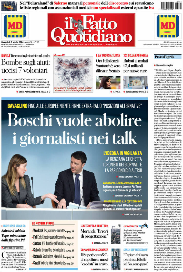 Portada de Il Fatto Quotidiano (Italia)