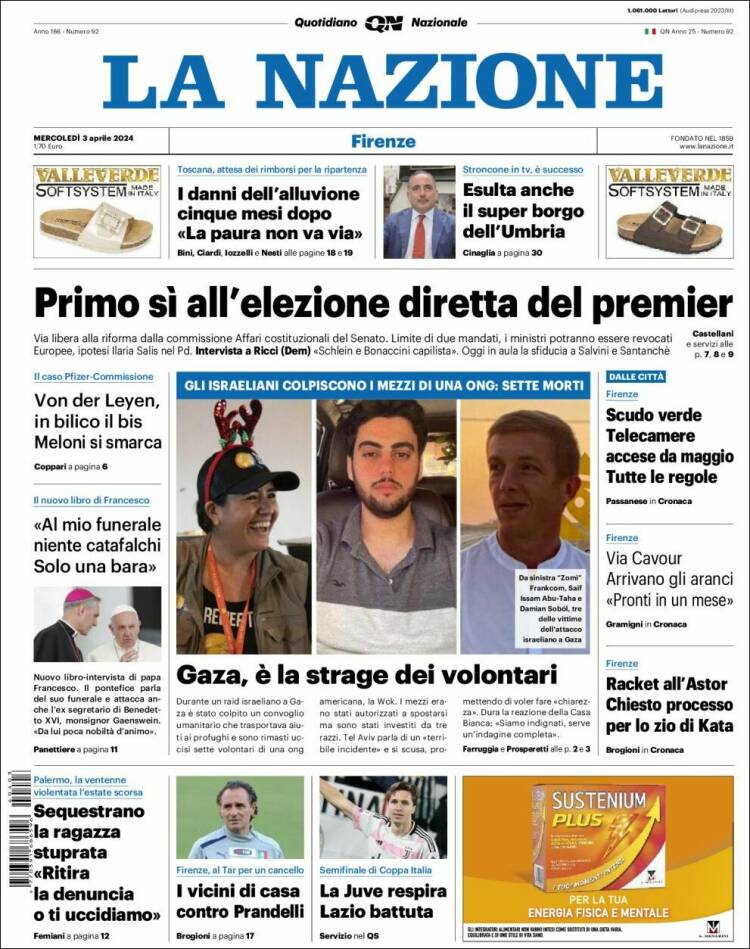 Portada de La Nazione (Italia)