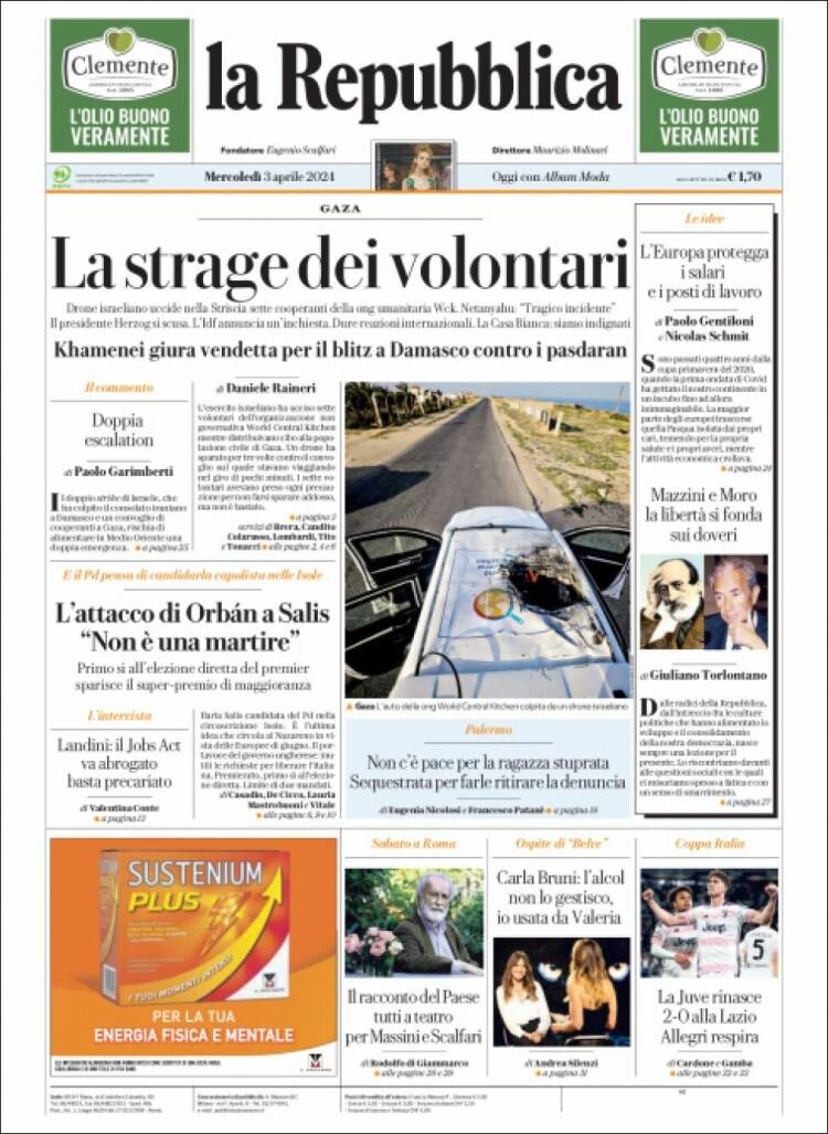 Portada de La Repubblica (Italia)