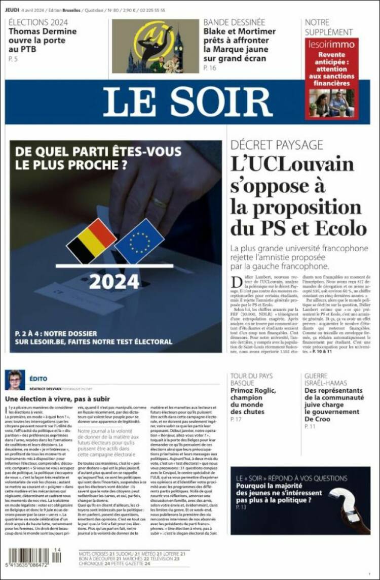Portada de Le Soir (B&eacute;lgica)