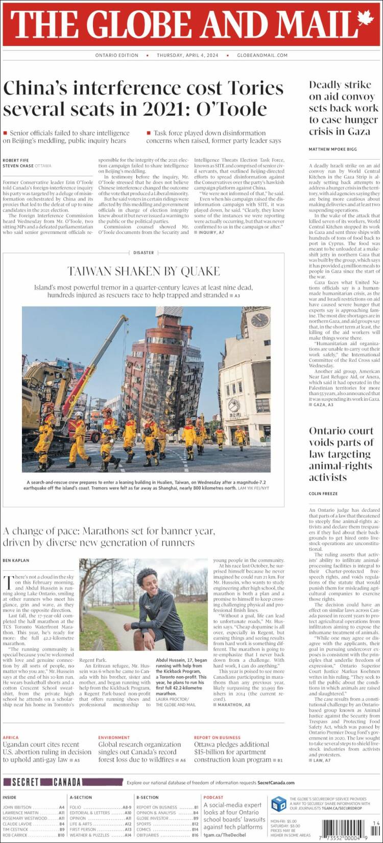 Portada de The Globe and Mail (Canadá)