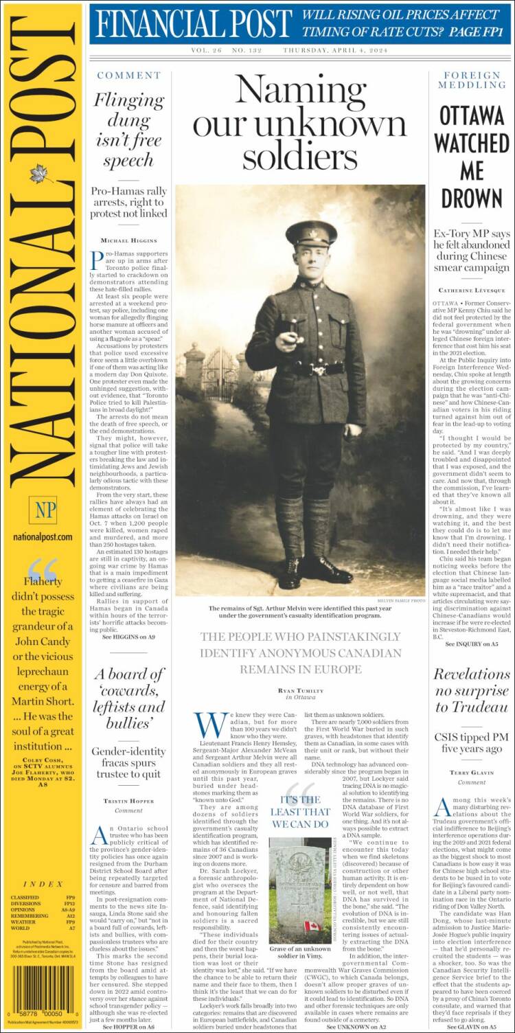 Portada de The National Post (Canadá)