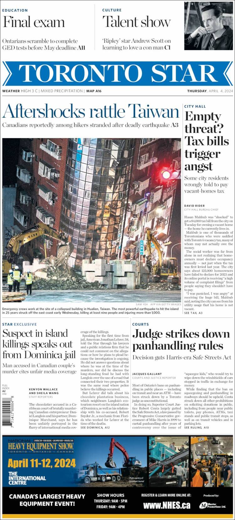 Portada de The Toronto Star (Canadá)