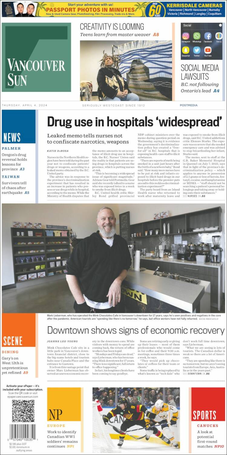 Portada de The Vancouver Sun (Canadá)