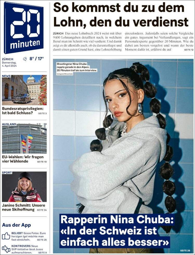 Portada de 20Minuten - Zürich (Suiza)