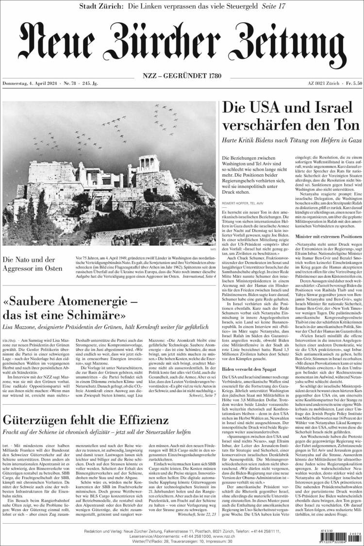 Portada de Neue Zürcher Zeitung (Suiza)