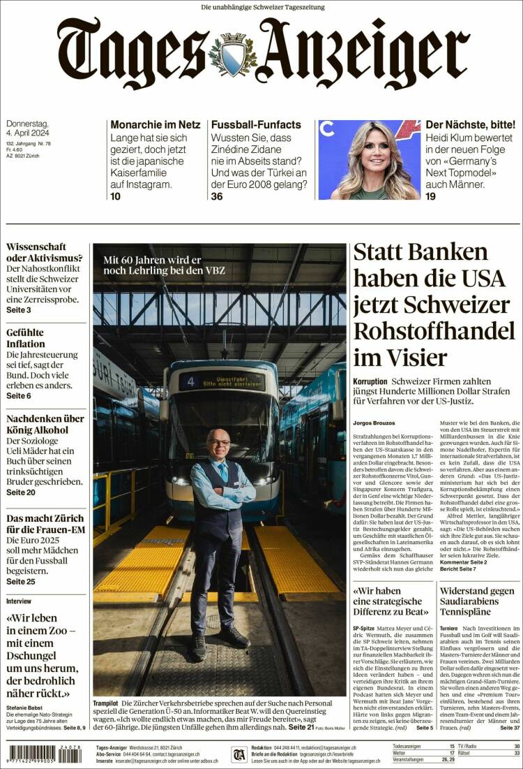Portada de Tages-Anzeiger (Suiza)