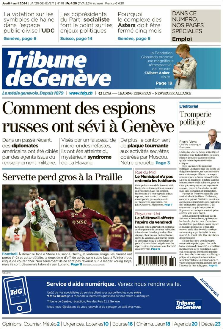 Portada de La Tribune de Genève (Suiza)