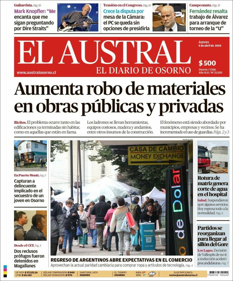 Portada de El Austral de Osorno (Chile)