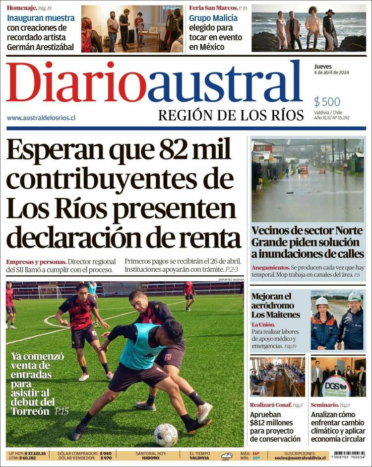 Portada de El Diario Austral de Valdivia (Chile)