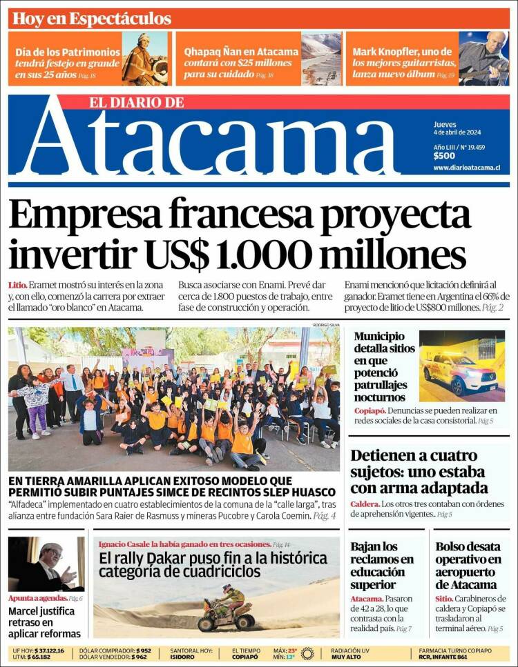 Portada de Diario de Atacama (Chile)