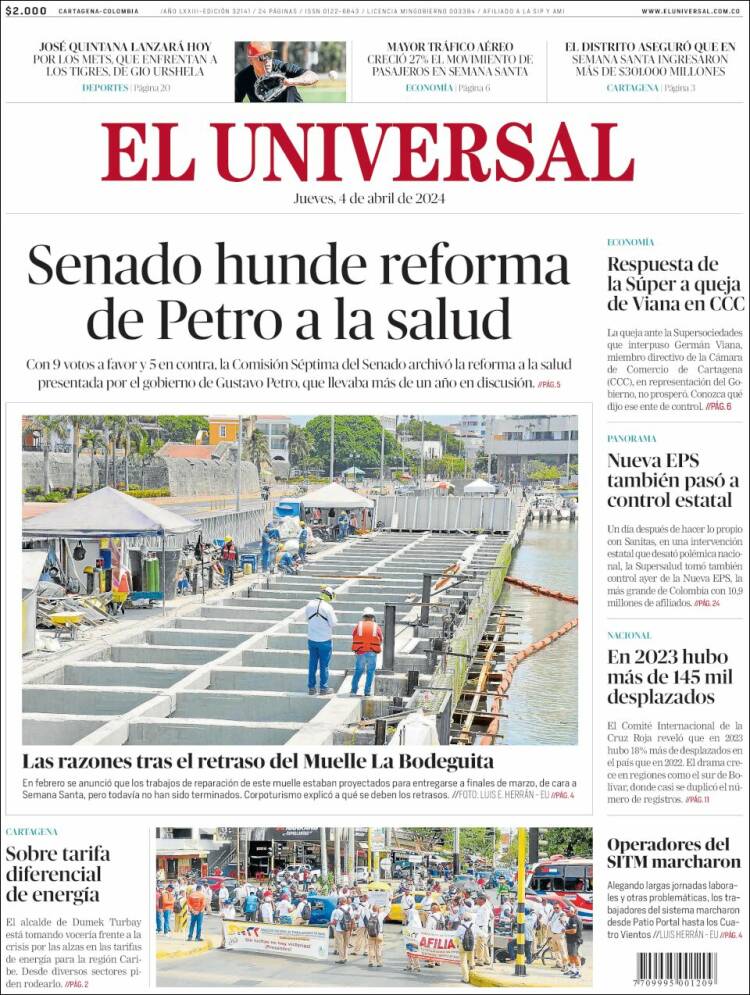 Portada de El Universal (Colombia)