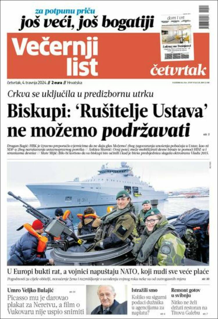Portada de Večernji (Croacia)