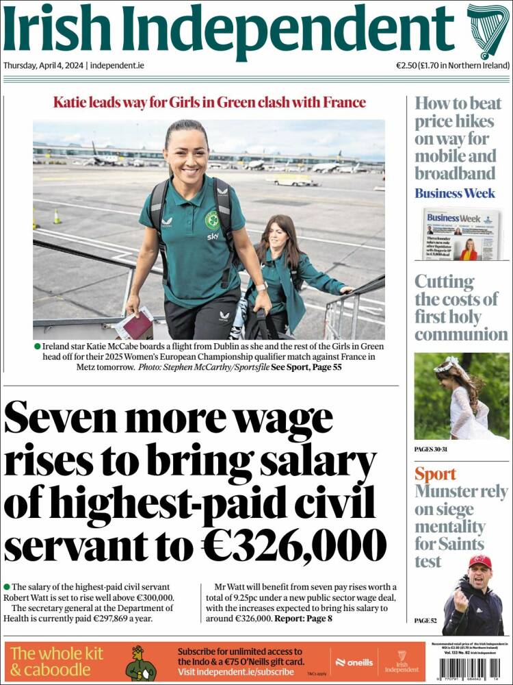 Portada de Irish Independent (Irlanda)