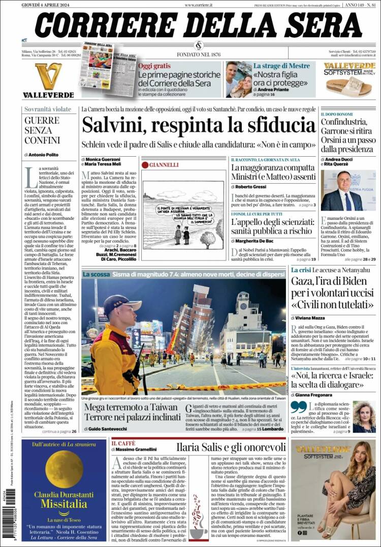 Portada de Corriere della Sera (Italia)