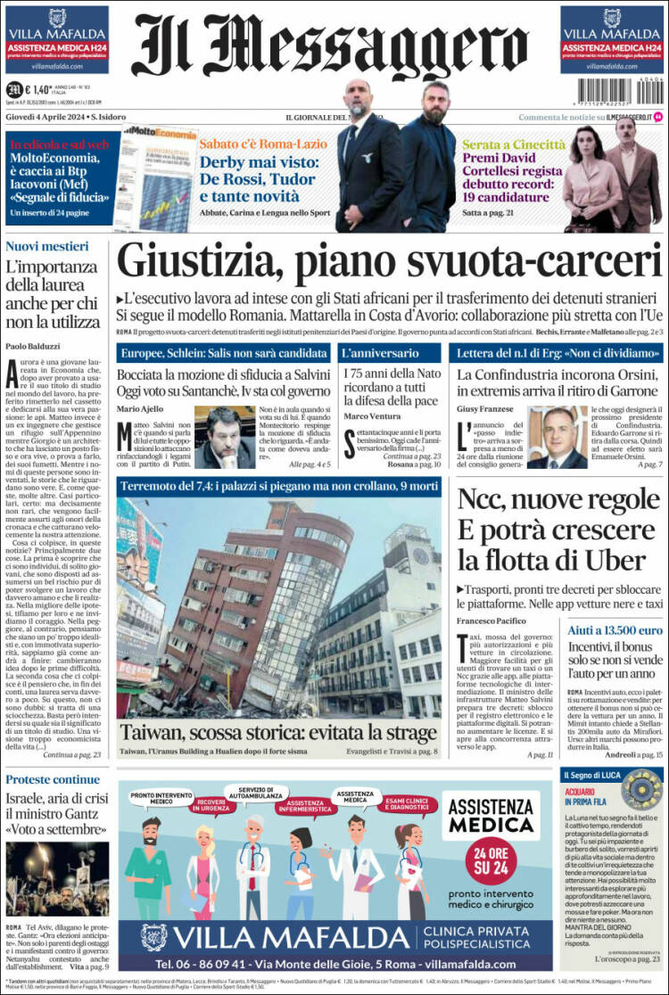 Portada de Il Messaggero (Italia)