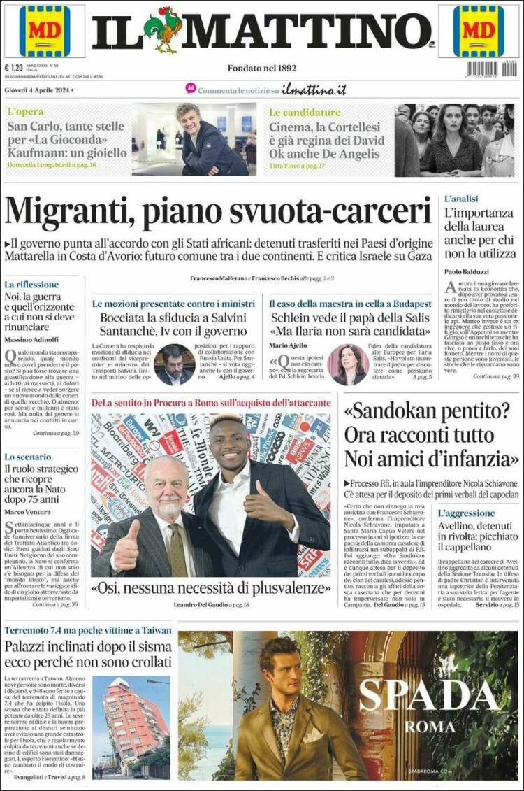 Portada de Il Mattino (Italia)