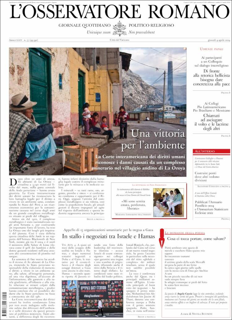 Portada de L'Osservatore Romano (Italia)